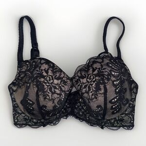 Le Mystere Black Lace Underwire Contour Bra 32DDD 32F Demi Balconette